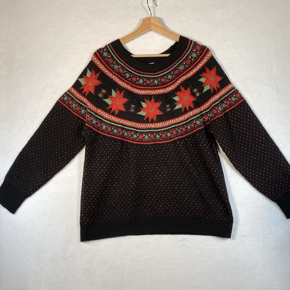 Holiday Time Poinsettia Sweater Women L Black Red Fair Isle Beaded Christmas